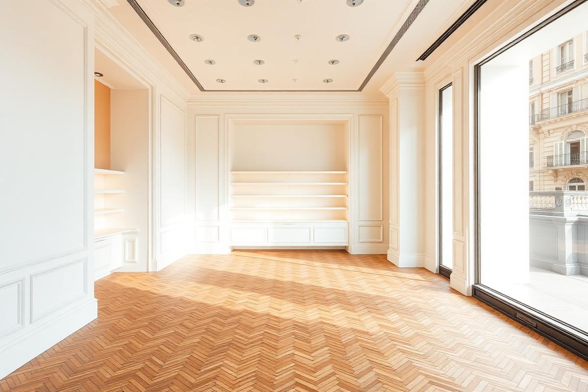 Intérieur d'une boutique parisienne vide, parquet en point de Hongrie